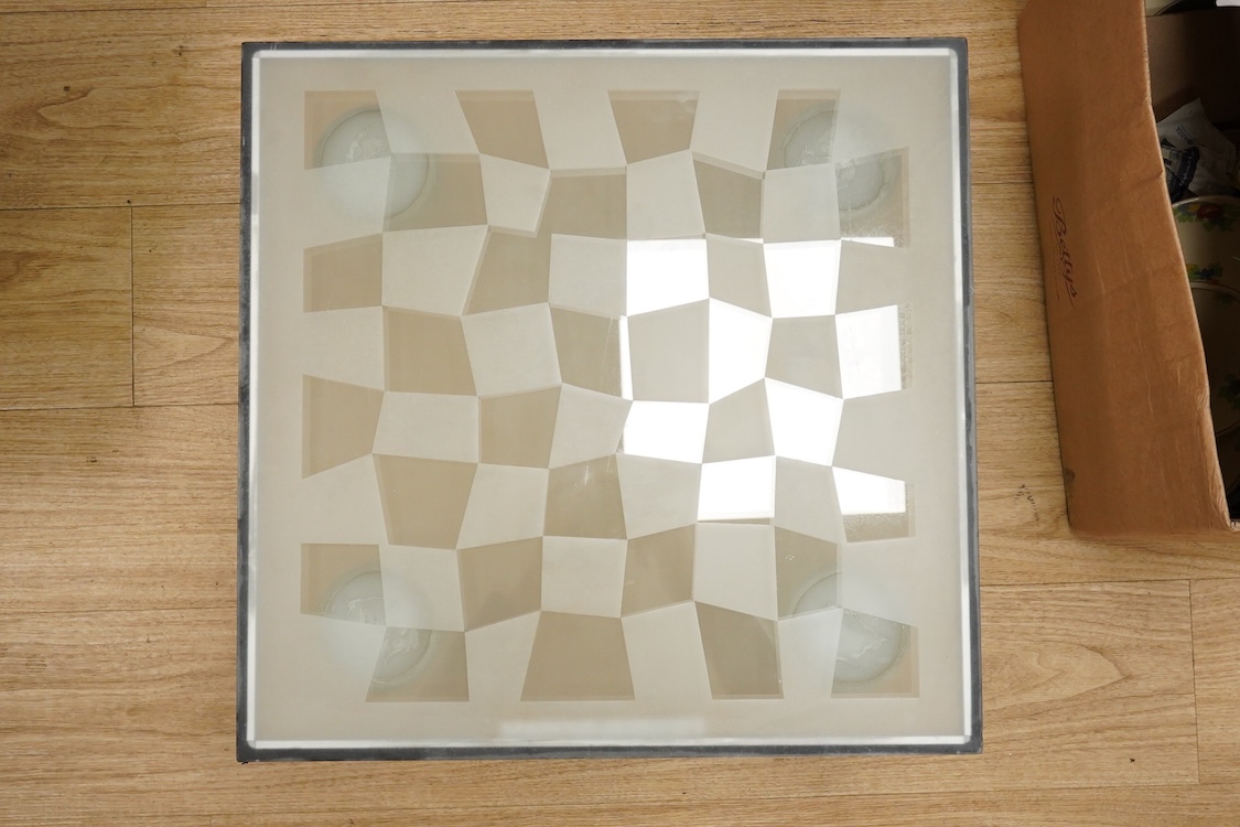 A Mary Canny an Art glass ‘Bottle table’, with abstracted checker board glass top- 49cm wide x 48cm deep x 35cm high